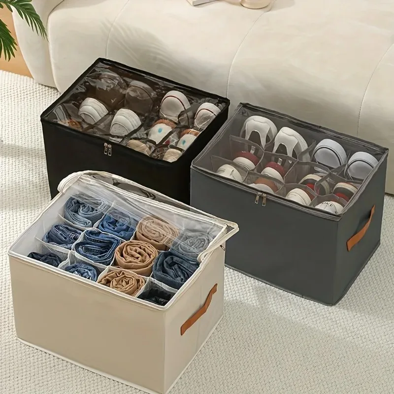 Scatola per scarpe portaoggetti a griglia multifunzionale 1PC Tessuto pieghevole transfrontaliero con coperchio Scatola portaoggetti per articoli vari antipolvere e lavabile