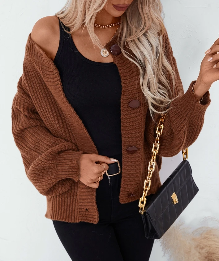 

Women's fashionable casual sweater jacket 2024 autumn and winter solid color single breasted loose long sleeved sweater jacket