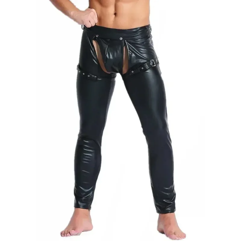 

High Quality New Fashion Men Elastic Waist Leather Pants Black PU Leather Leggings Wetlook Tights Sexy Bar Performance