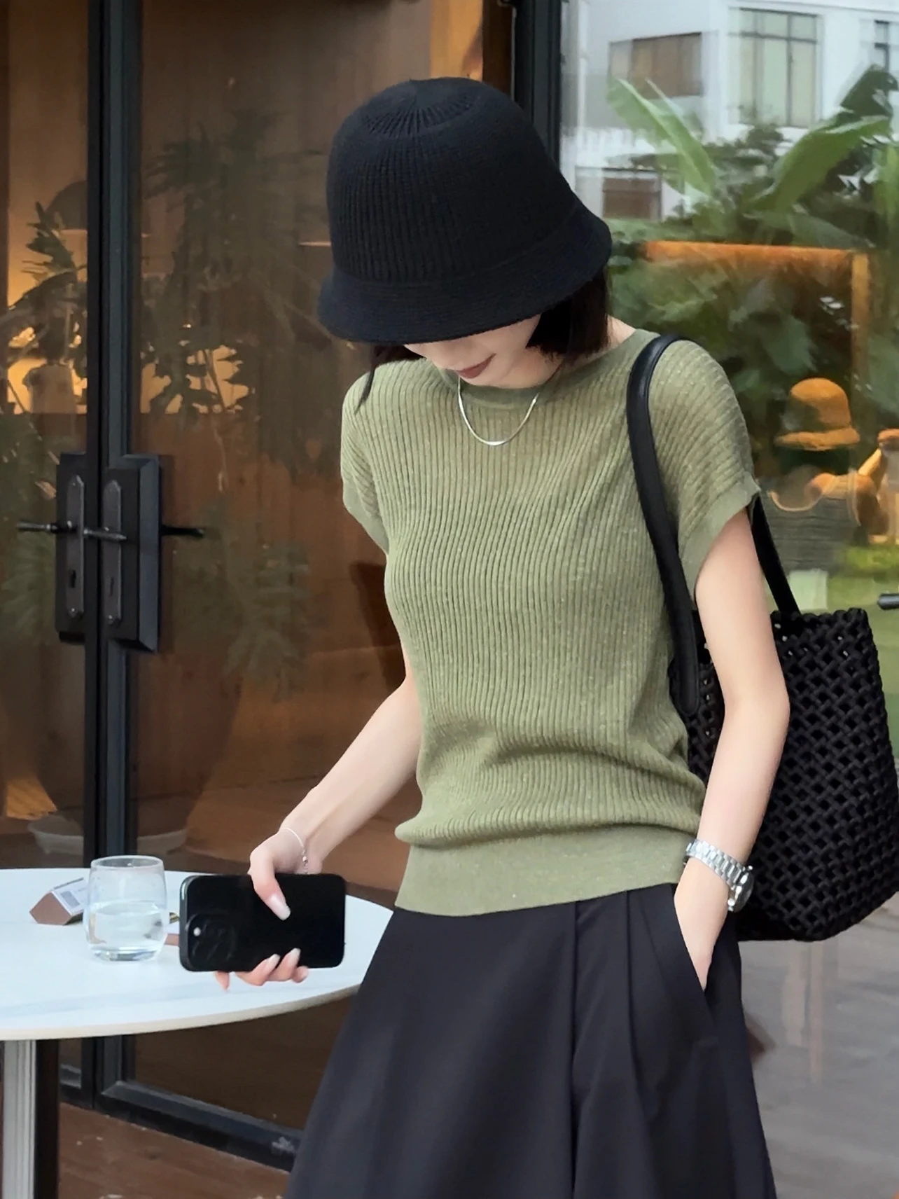 

Ele Casual Week 2025 New Summer Thin Knitted Top Ba Small Fly Sve Knitted Sweater Commute Sle Straight Cut