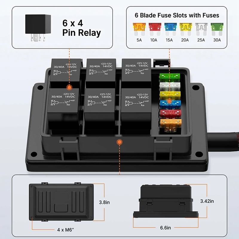 Relay Box 12V with 6 PCS 4 Pin Relays and 6 PCS ATC/ATO Blade Fuse Pre-Wired Relay Box with Relay Kit for Auto