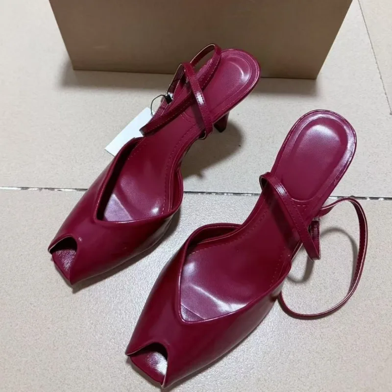 

Elegant Peep Toe High Heels Red Office Lady Shoes Soft Leather Ankle Strap Summer Designer Footwear Women Wedding Dress Shoes