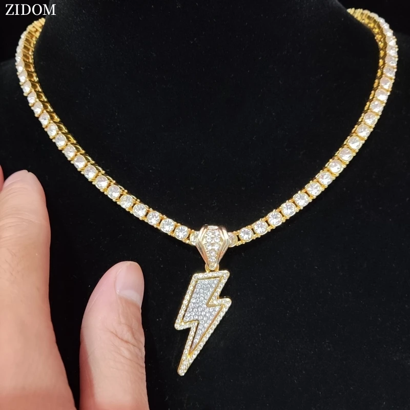 Hip Hop Lightning Pendant Necklace with 4mm Zircon Tennis Chain Iced out Bling HipHop Necklaces for Men Women fashion jewelry