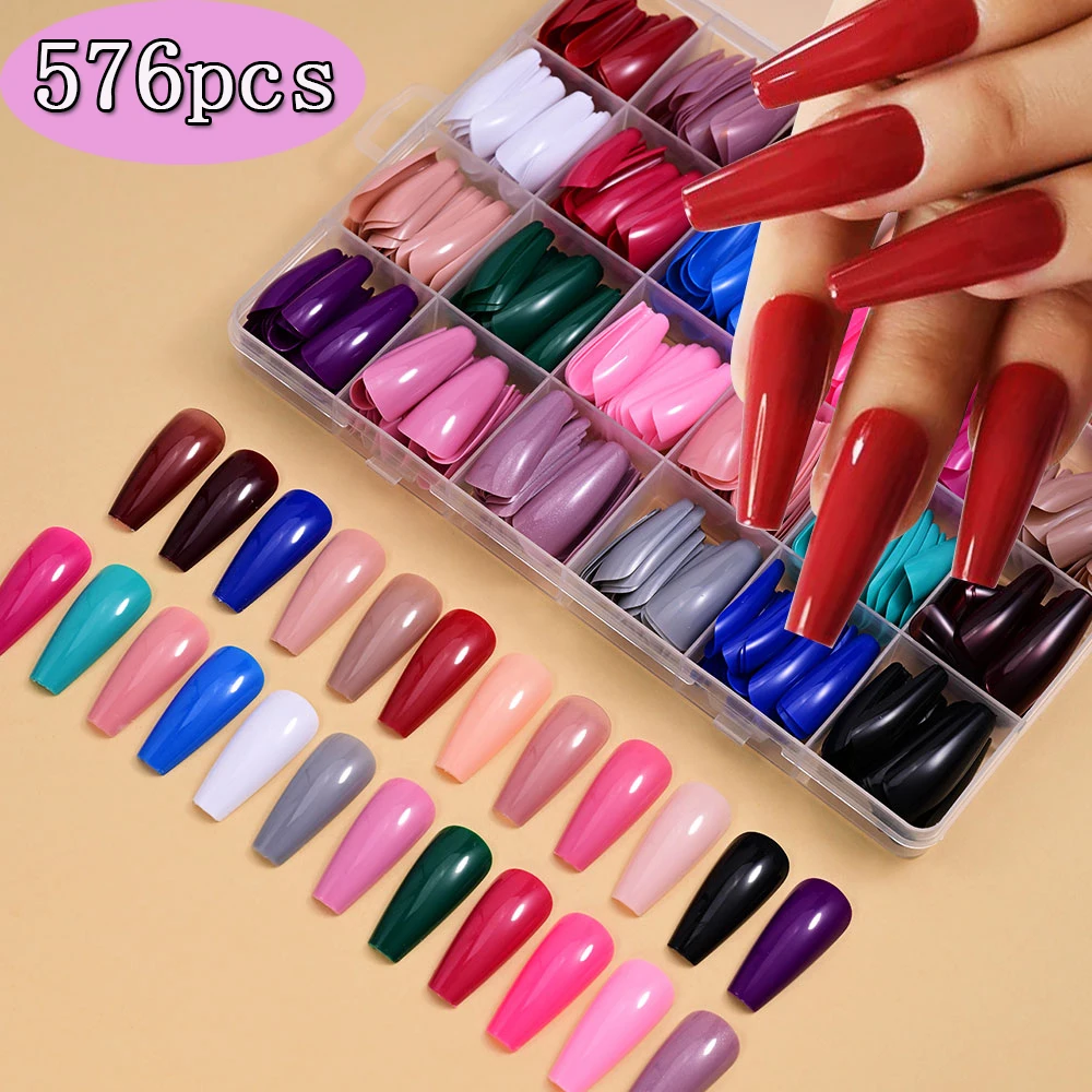 576pcs Press on Nails Long Coffin Fake Nails Full Cover Ballerina Acrylic Artificial False Nail Tips 24 Colors for Women Girls