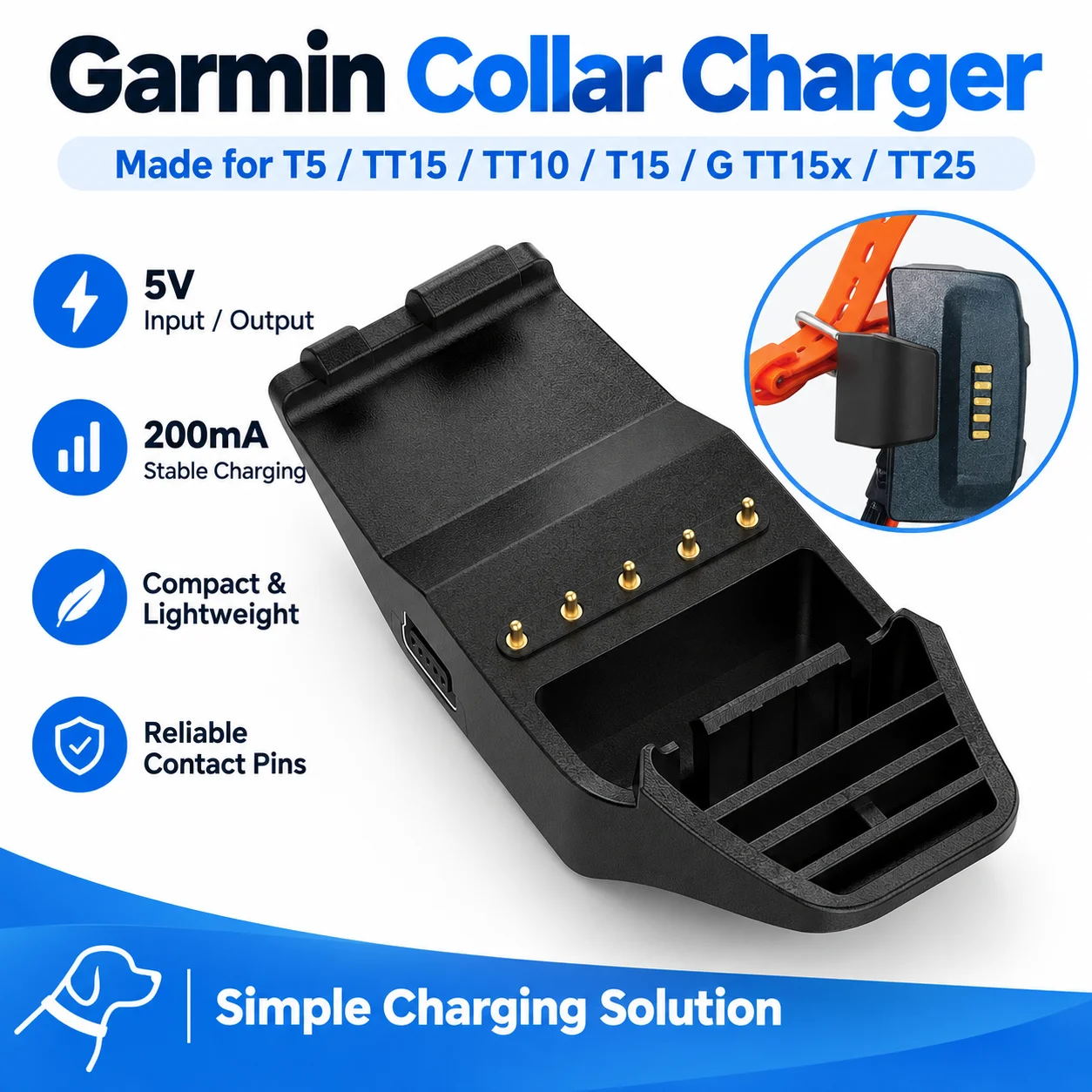 For Garmin Pet Dog Collar Charger T5 TT15 TT10 T15 GTT15x TT25 Charging Cable Adapter Type C Input