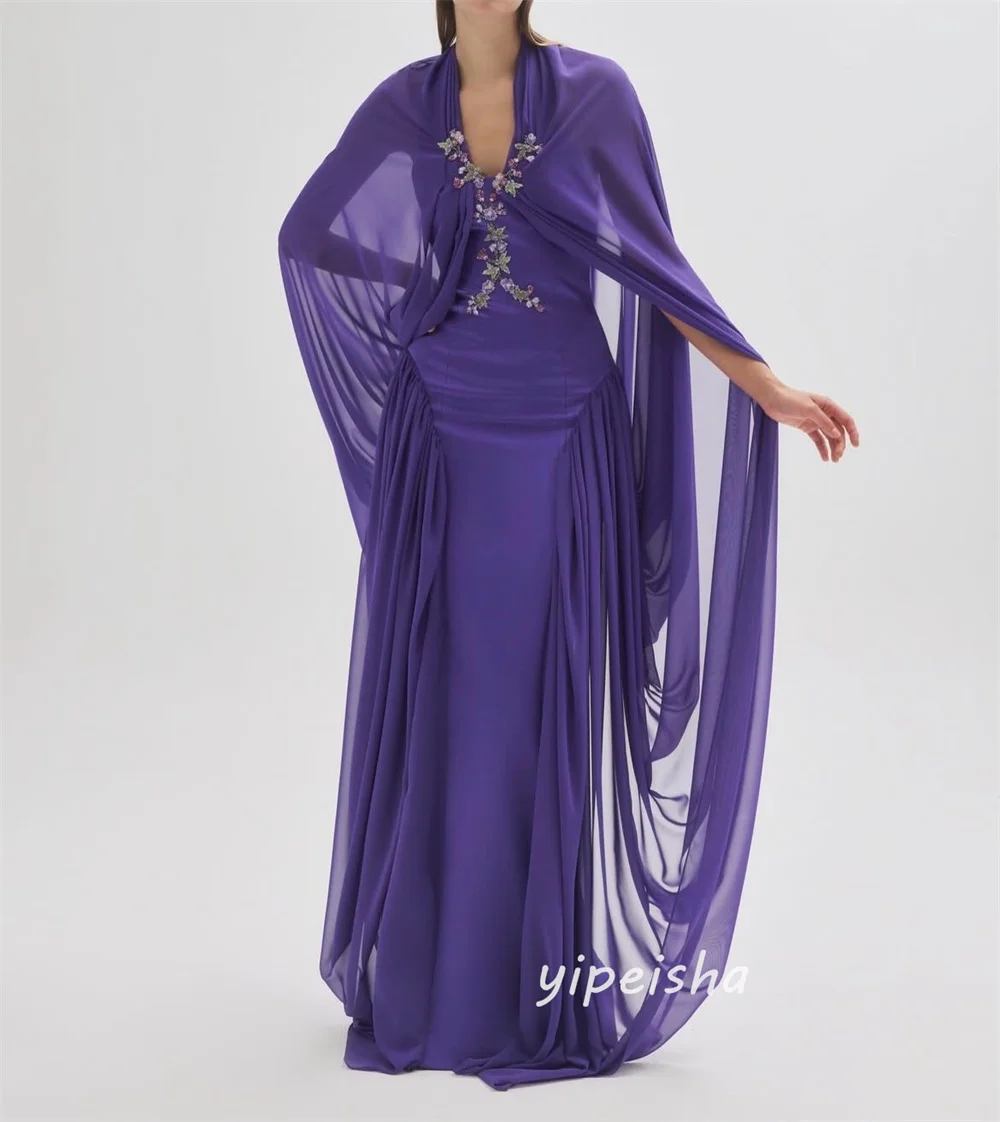 Vestidos largos de noche con cuello en V para mujer, vestidos largos personalizados de estilo moderno con apliques de Jersey morado y lentejuelas, Pastrol