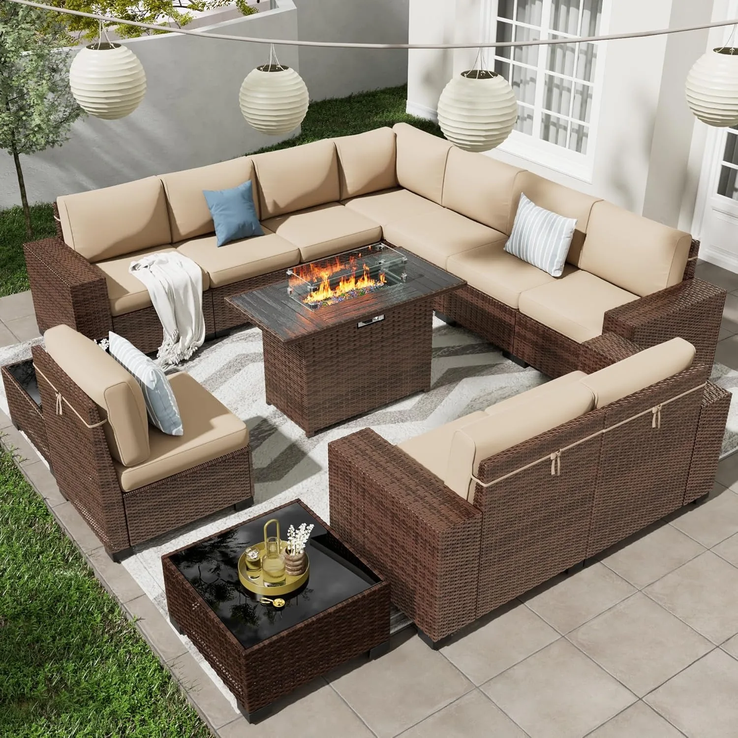 Patio Furniture Set with 44'' Propane Gas Firepit Table, 13 PCS Outdoor Sectional Conversation Sets, Beige (Waterproof Covers )