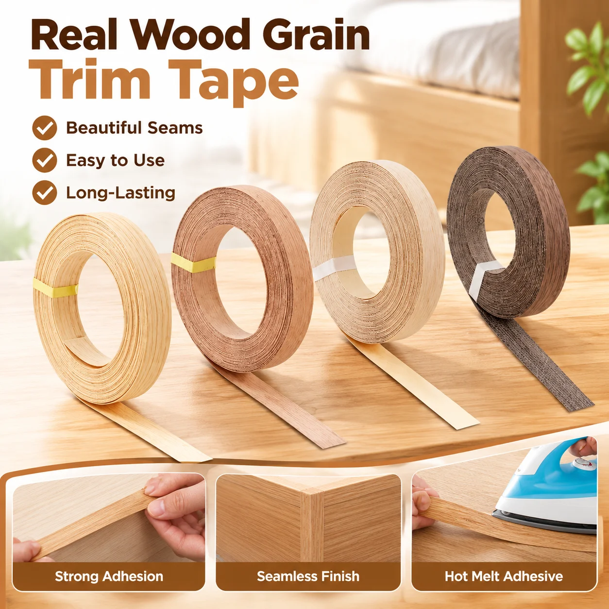 Real Wood Grain Hot Melt Adhesive Trim Tape for Furniture Edge Bed Frame Seam Decoration Pre-Adhesive Beautiful Seam Sticks