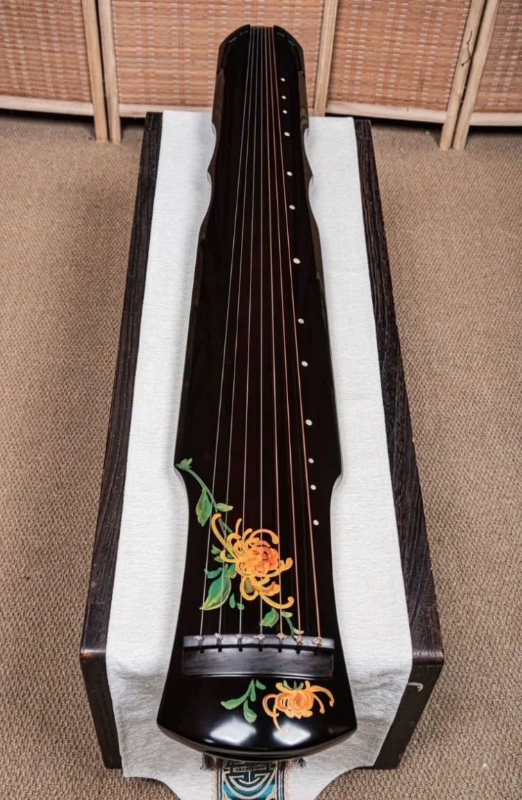 Fu Xi Style Guqin Aged China Fir Wood Semi Raw Lacquer with Hand-painted Golden Chrysanthemum Pattern Traditional Chinese String