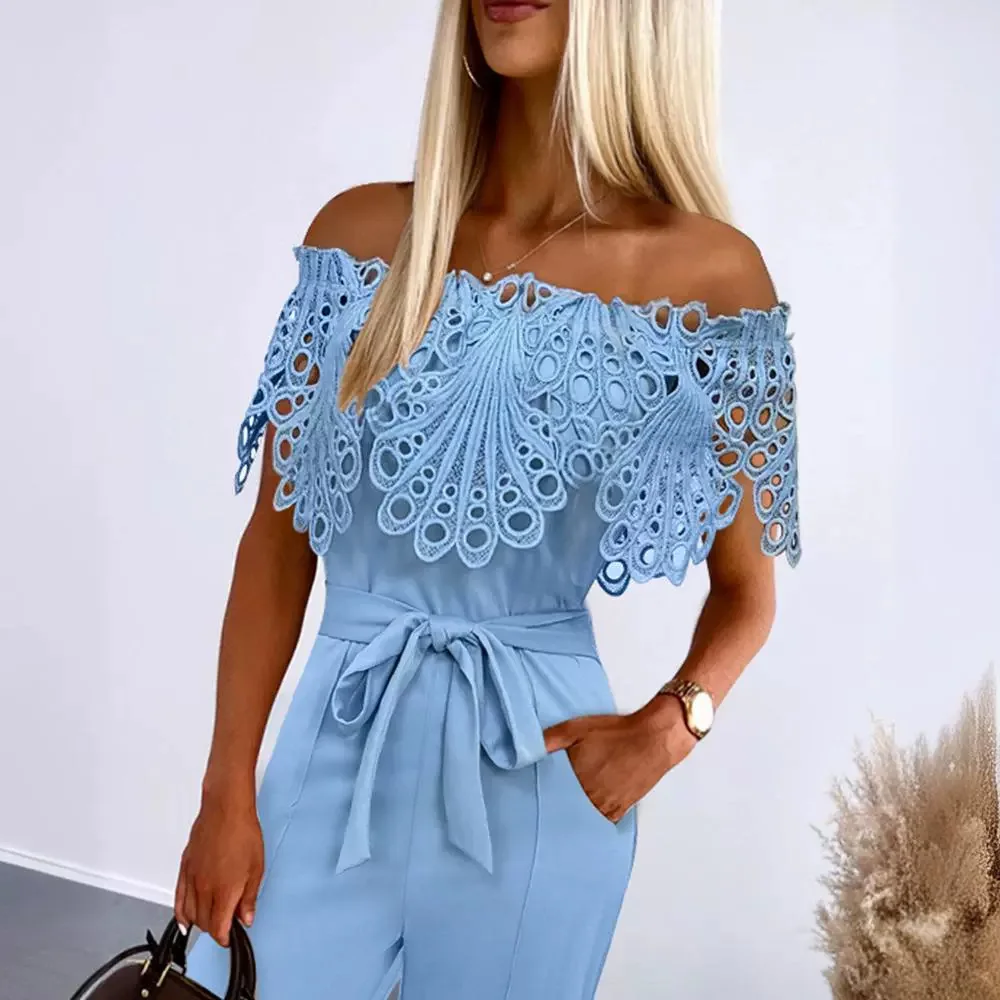 Eyelet Embroidery Off Shoulder Jumpsuit Women Solid Color Slash Neck High Waist Long Full Length Jumpsuits Pants Playsuit