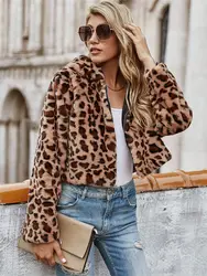 2024 Women Leopard Fleece Cardigan Winter Faux Fur Puffy Tops Hooded Fluffy Jacket Sherpa Faux Mink Crop Coat