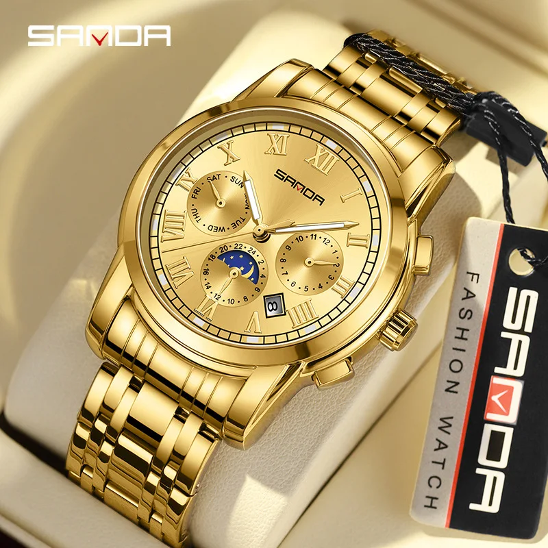 

SANDA Luxury Business Men's Mechanical Watch Waterproof Luminous Moon Phase Calendar Automatic Movement Three Eyes Six Needles