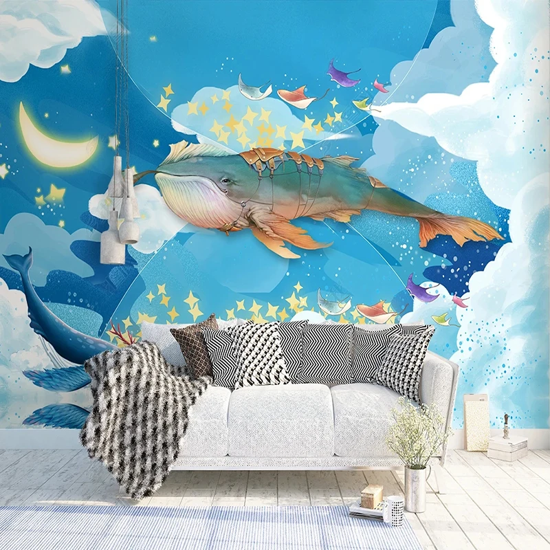 

Custom Nordic Creative Watercolor Sky Big Fish Whale Photo Murals Wallpaper Bar KTV Children Kids Bedroom Home Decor Wall Cloth