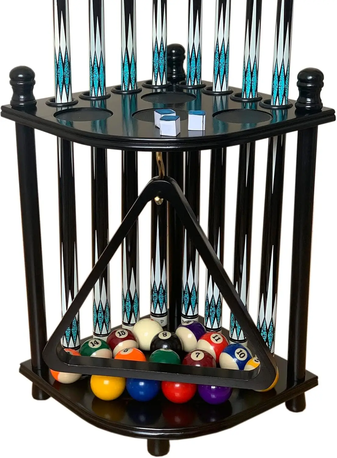 

Solid Hardwood Floor Pool Cue Rack Holds 8 Sticks with Ball Hook, Corner Stand for Billiard Accessories