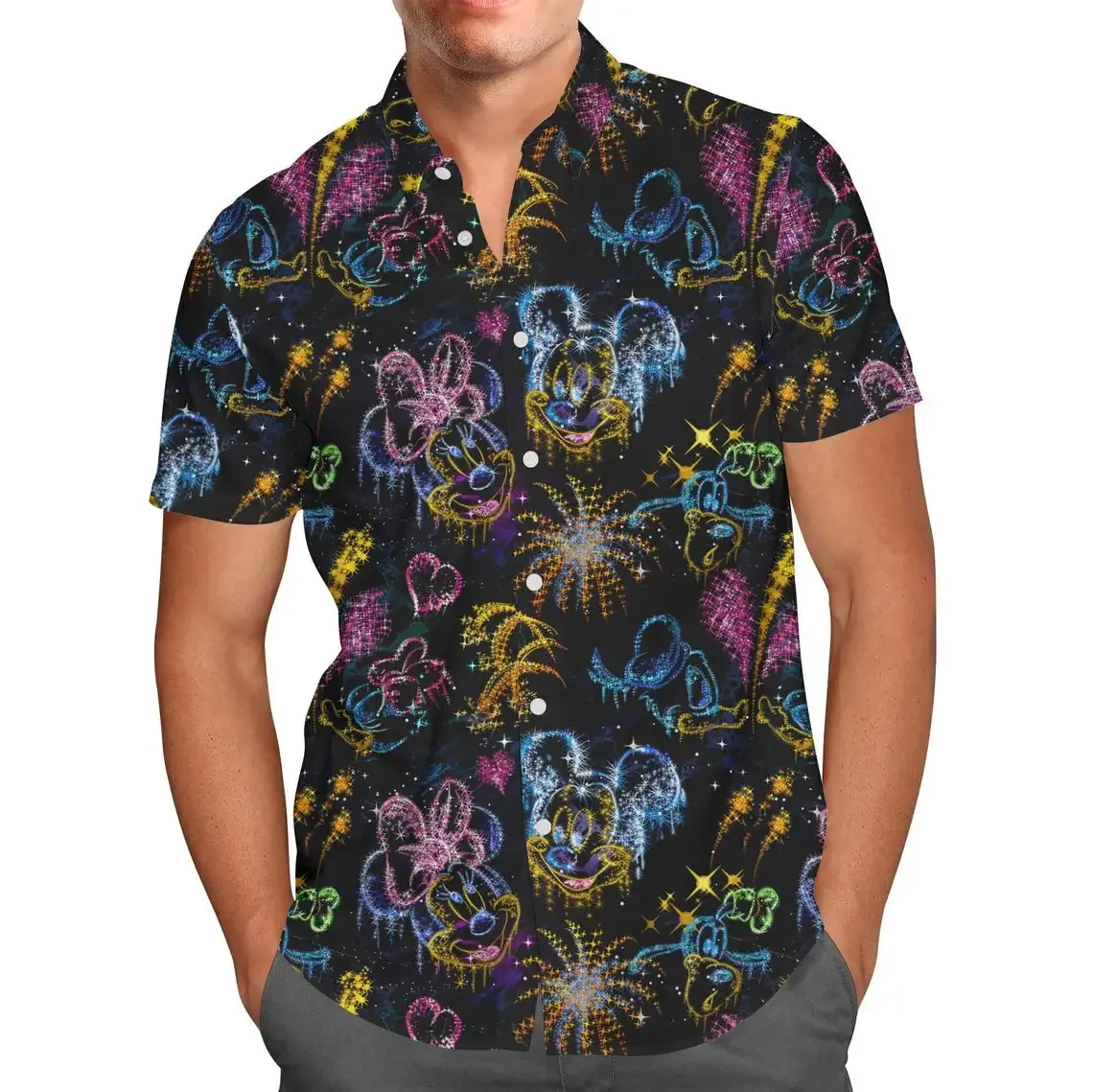 

Mickey and Minnie's Love in the Sky Hawaiian Shirt Disney Inspired Men's Button Down Short-Sleeved Shirt Men Casual Beach Shirt