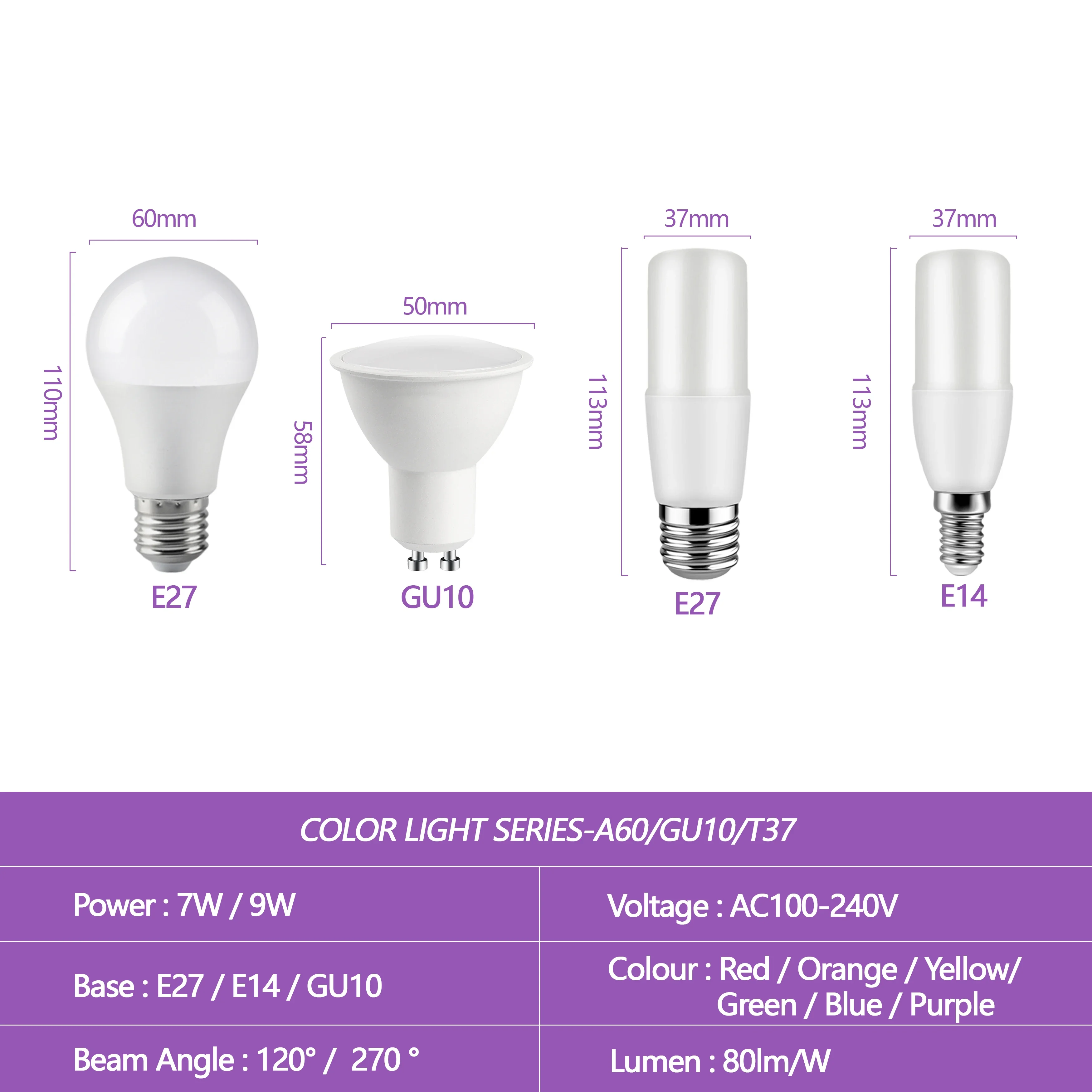 Bohlam lampu sorot Led warna-warni E27 E14 GU10, AC100-240V lampu ungu untuk perayaan festival Bar KTV pertunjukan pesta