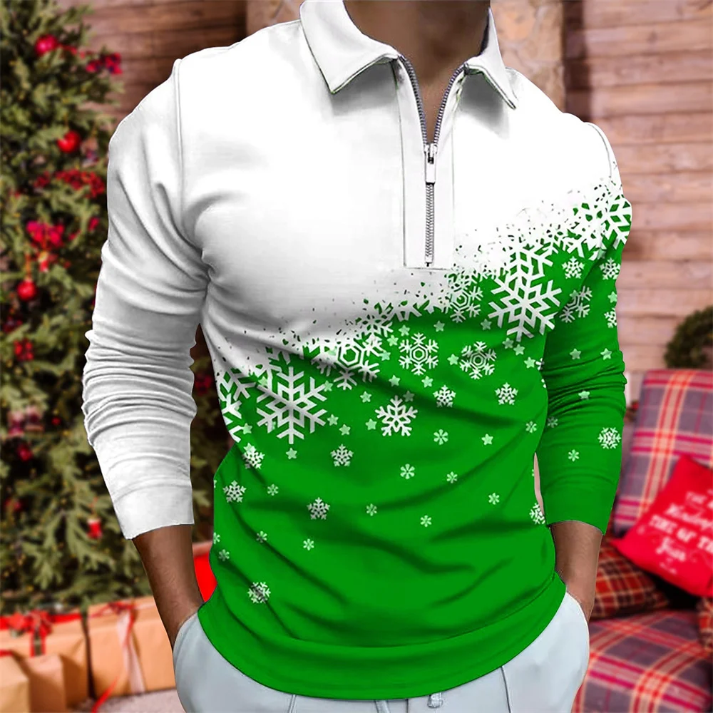 Men\'s Polo Shirt Golf Shirt Graphic Prints Snowflake Turndown 3D Christmas Street Long Sleeve Zipper Clothing Apparel Fashion