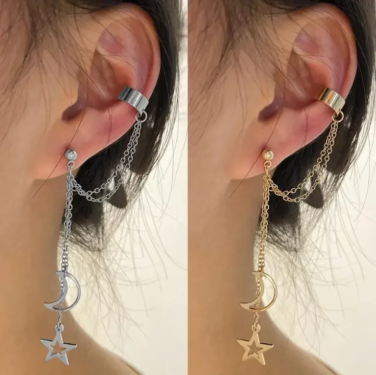 XINYI Vintage Pendant Metal Dangle Earrings with Long Chain Ear Clip for Women Silver Color Gold Color Star Moon Earring Jewelry