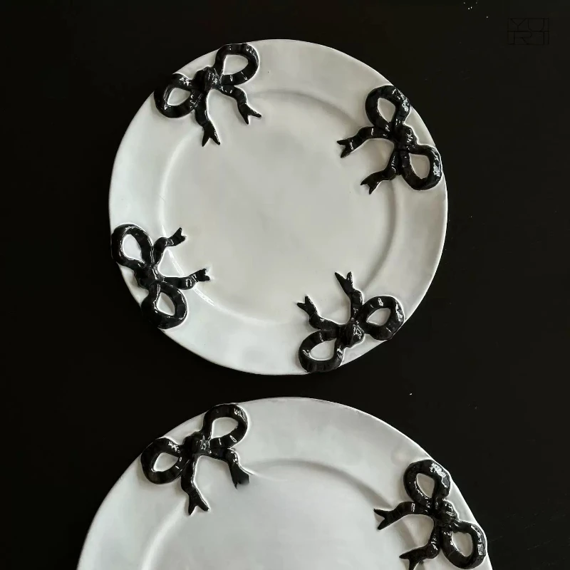 Black Bow Black Pottery Handmade Household Dinner Plate Flat Plate