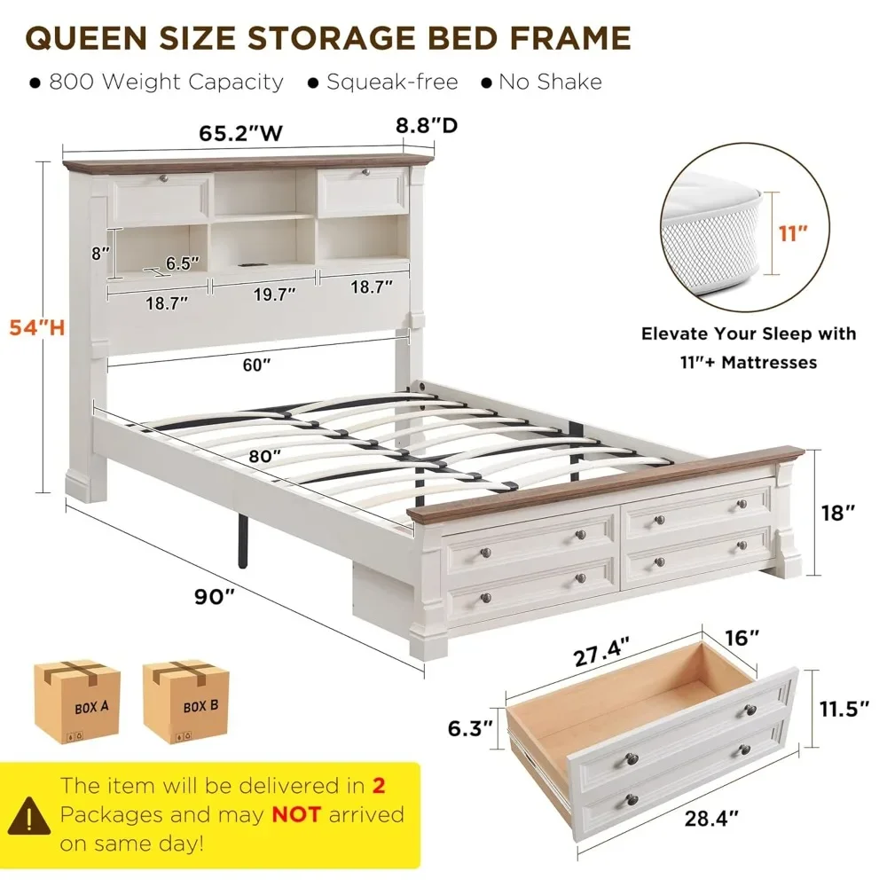 

Farmhouse Queen Size Bed Frame with 54" Tall Storage Bookcase Headboard, Wood Platform Bed Frame with 2 Drawers, Customized