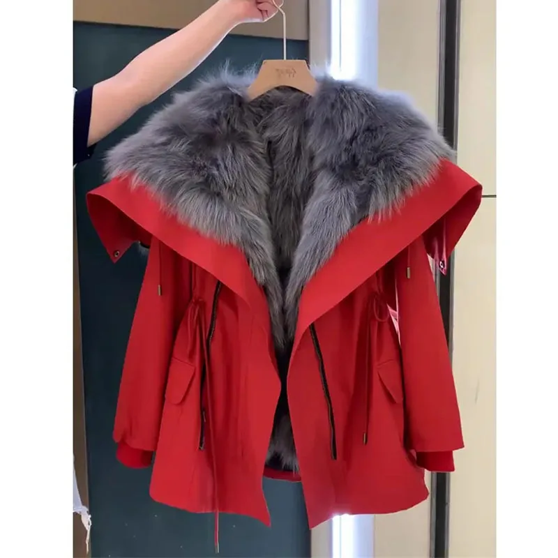 Cotton Jacket New 2024 Popular Korean Lazy Style Red Christmas New Year Warm Coat Women\'s Autumn And Winter Faux Fur Coat White