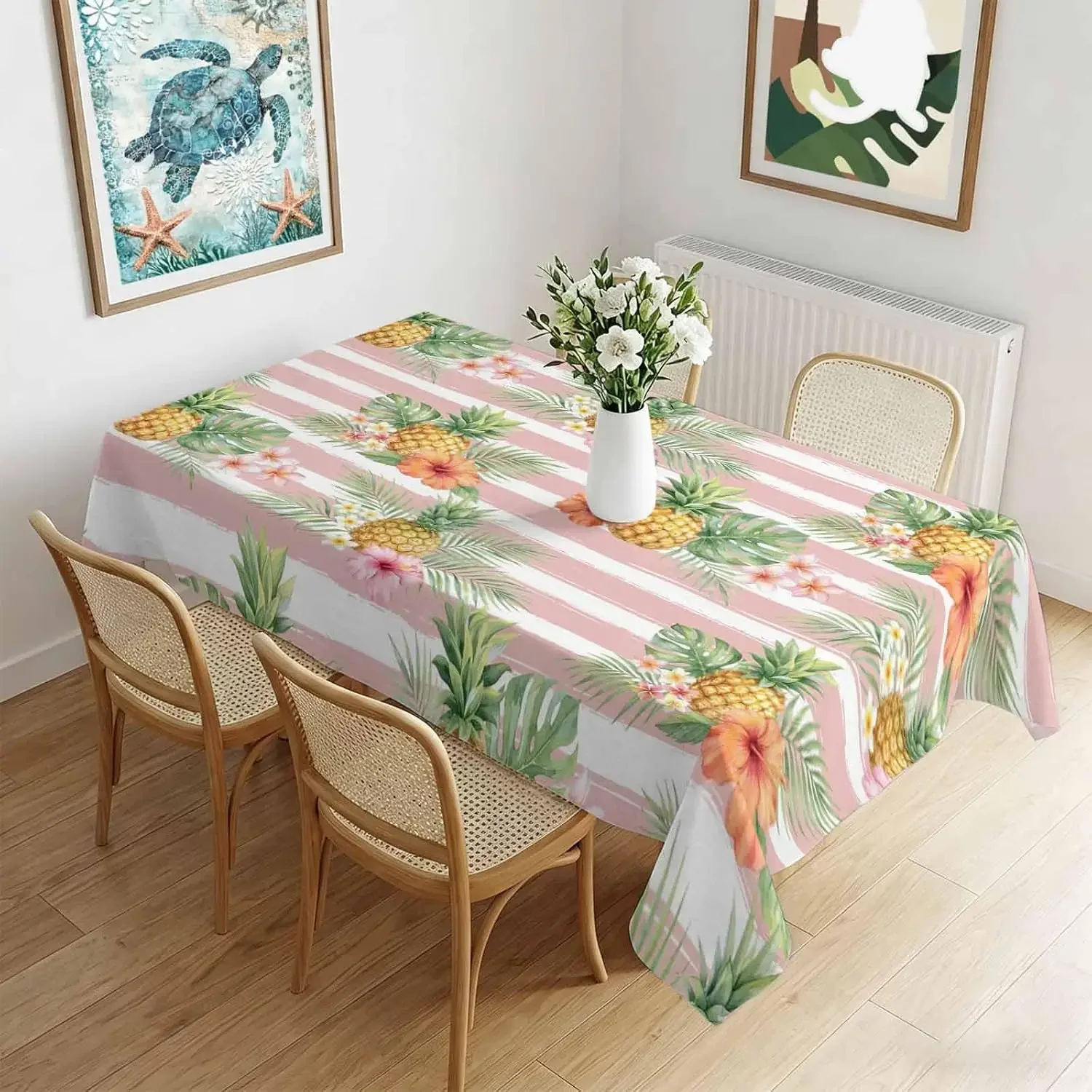 1Pc Tropical Pineapple Floral Striped Tablecloth Pink Green Fruit Pattern Table Cover For Kitchen Dining Party Decor f