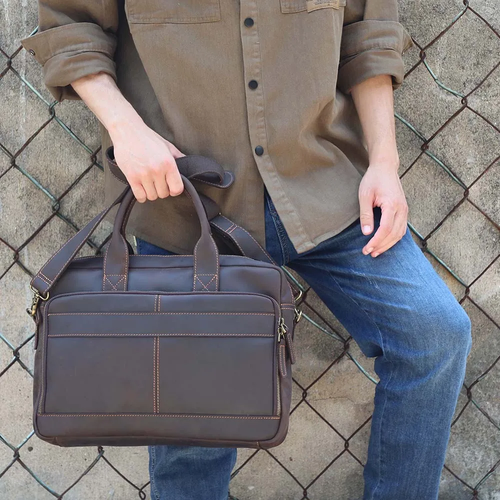 Vintage Echtleder Herren Aktentasche 15" Laptop-Tasche Arbeits- und Business-Herrentasche aus Crazy Horse Leder Schultertasche Handtasche – Detail 3