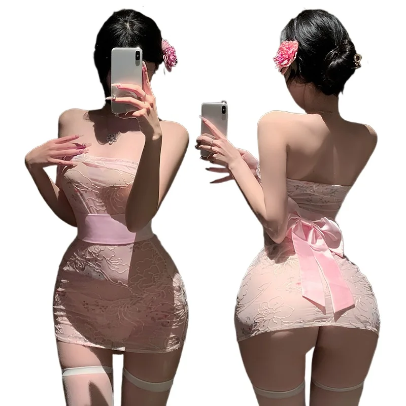 Disfraz Sexy Mini Cheongsam perspectiva, lencería erótica, camisón de peluche, vestido Kimono Sexy, encaje sin espalda, vestido exótico, muñeca bebé