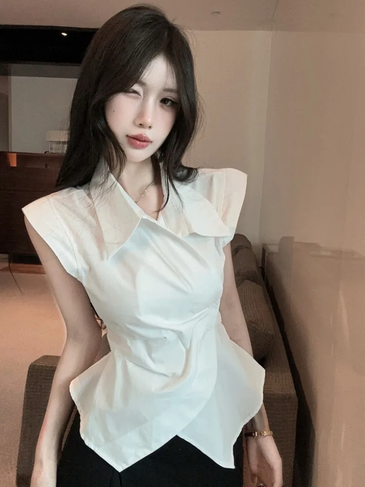 

Elegant Pure Desire Style Women's Shirt without Sleeves Turn-down Collar Slimming Waist Design Summer New Fashion Citywalk
