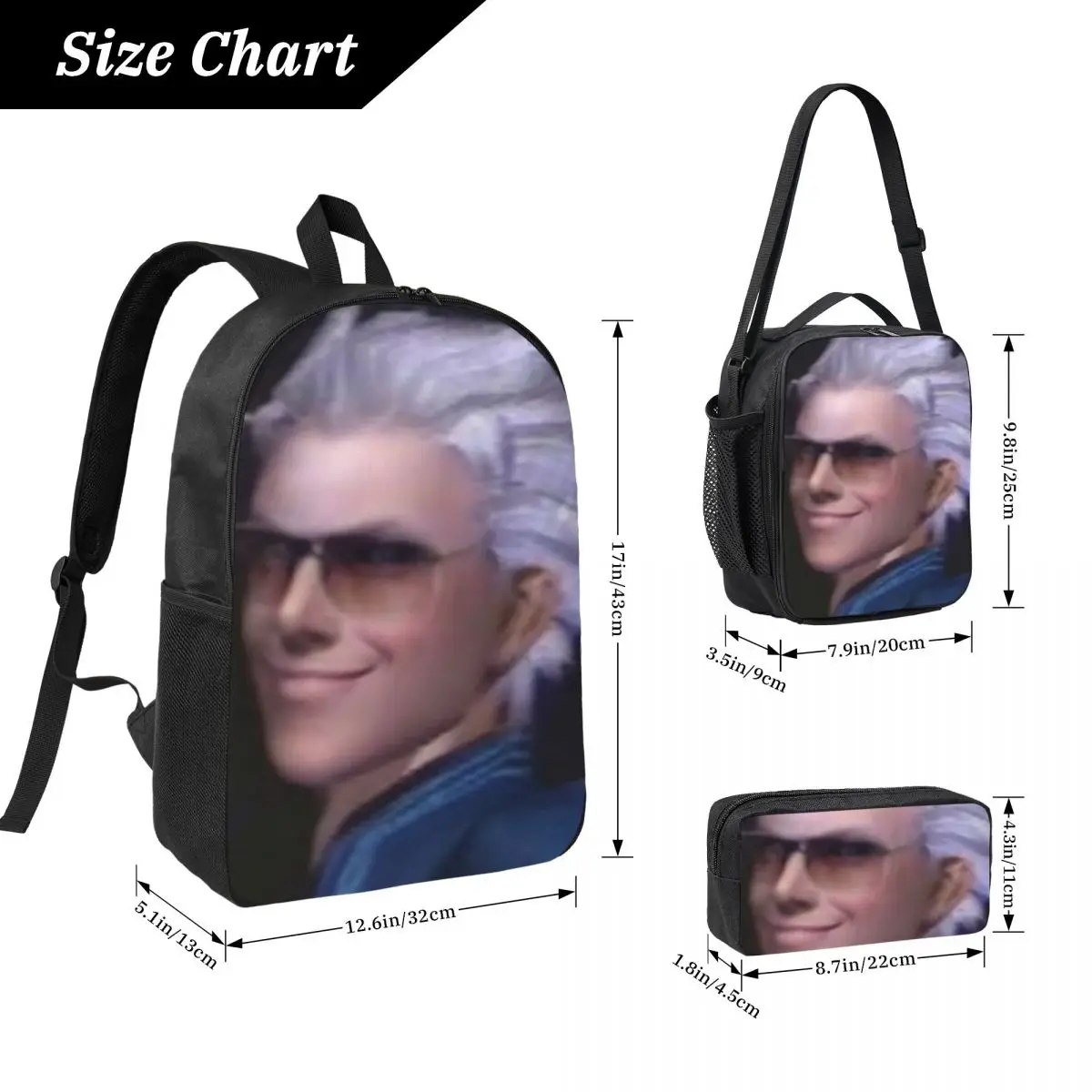 Vergil From The Devil May Cry Series Backpack BookBag School Bag Computer Shoulder Bags 3ps Insulated Lunch Bag Pencil Case