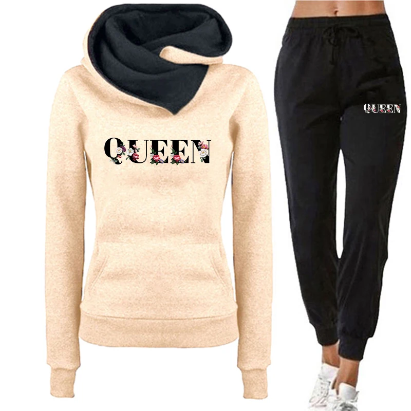 Women's Casual Fashion Tracksuit Queen Letter Flower Printed Hoodies and Sweatpants Ladies Autumn Winter Warm Trend Sportswear