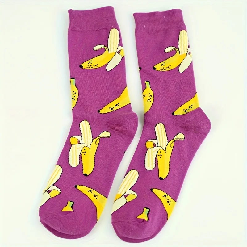 1 Paar Neuartige Bananen-Print Crew-Socken, Bequeme Baumwollsocken für den Alltag, Freizeitausflüge und Geschenke