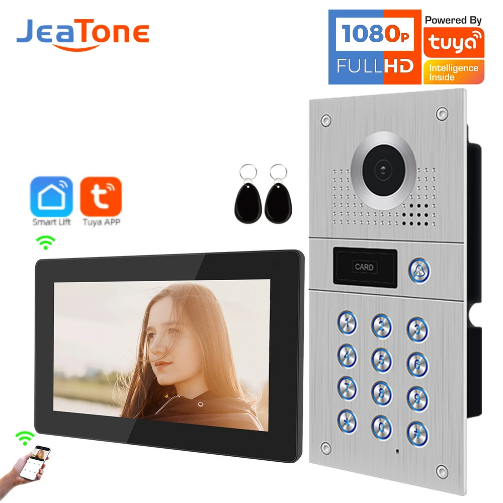 Jeatone 7 Polegada 170 ° Ampla Vsion Vídeo Intercomunicador Com Porta Código De Entrada Portão FHD 1080P Câmera Para Apartamento Aço Inoxidável