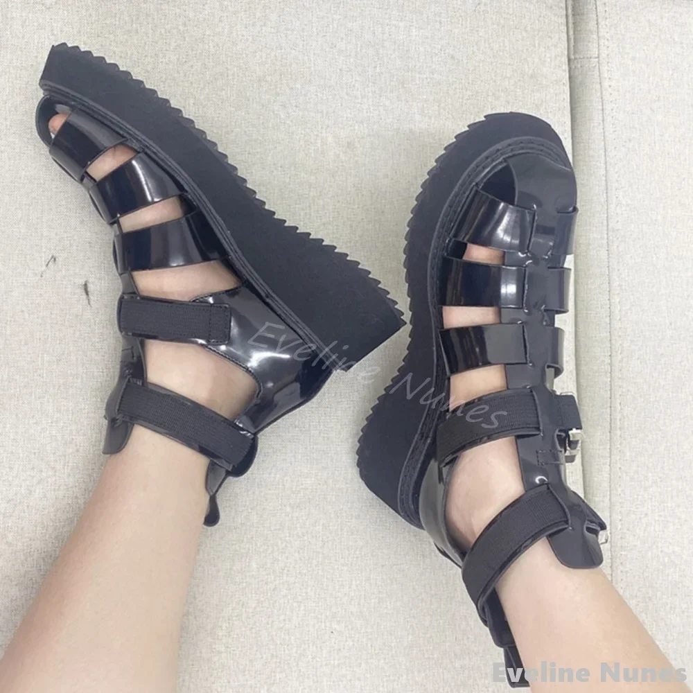 Silver Patent Leather Hollow casual Sandals Women Round Toe Platform Buckle Strap Sandals Summer Fashion Gladiator Comfy Sandals