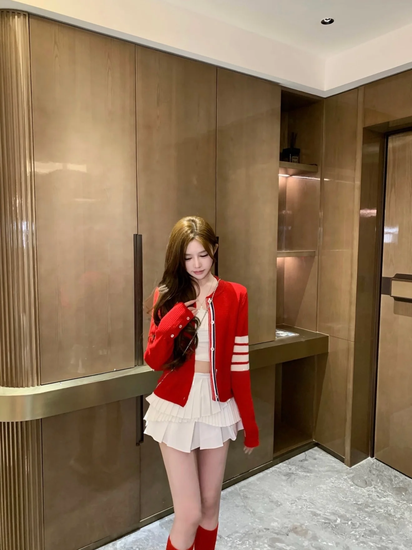 

Early Spring Limited Cartoon Print Dog Short Fit Knit Sweater Jacket Classic Four Stripes Long Sleeve Women's Open Cardigan