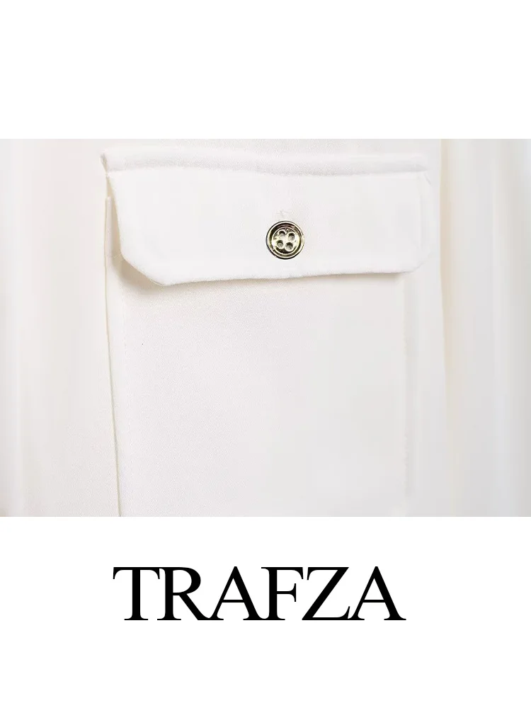 TRAFZA-Chemisier à Manches sulfet Col Rabattu pour Femme, Chemise à Boutonnage Simple avec Poches, Couleur Unie, Décorer, Initié au Printemps