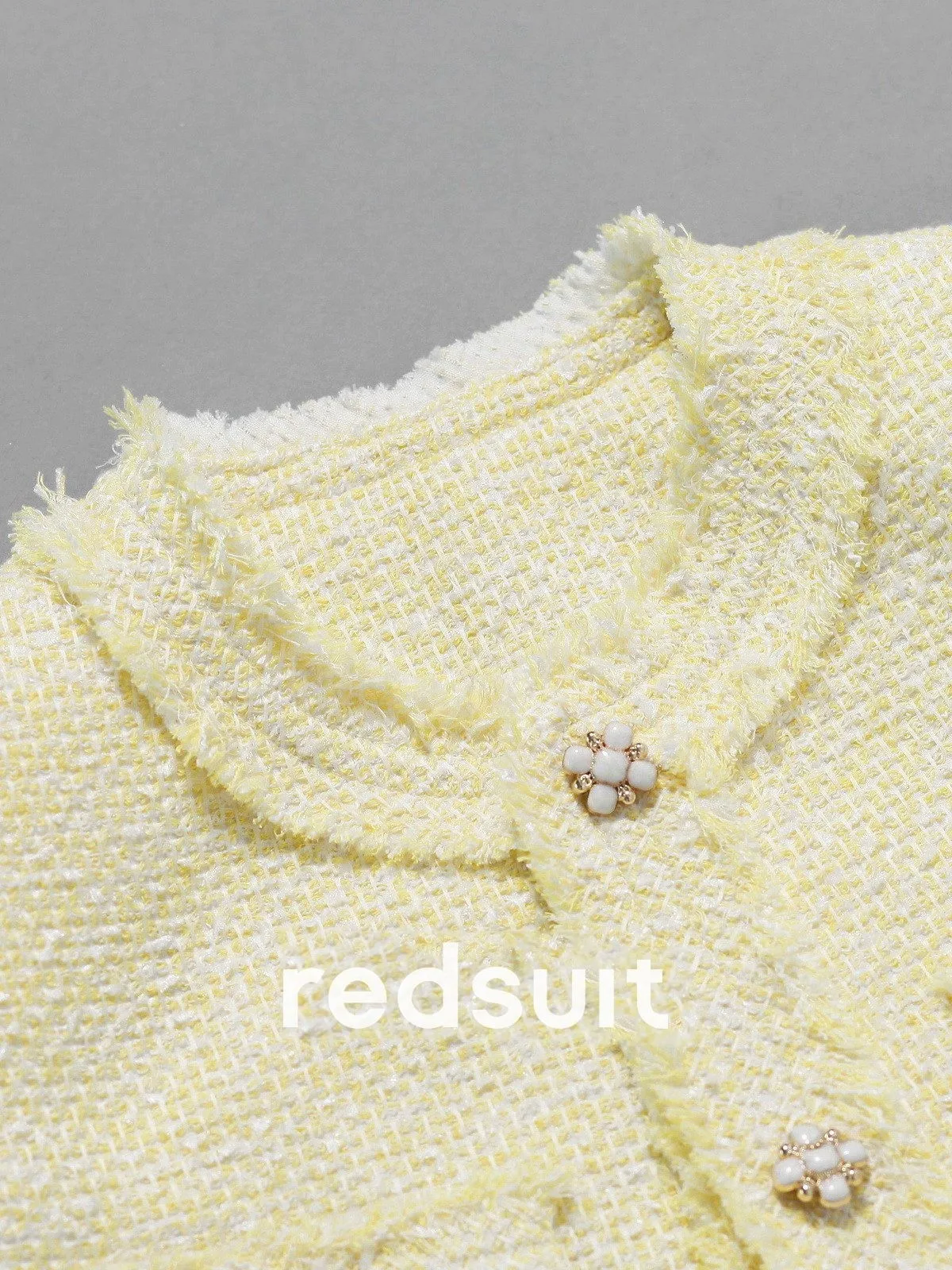 New Fresh light yellow coat, coarse tweed round neck short sleeved tassel top Custom Sizes