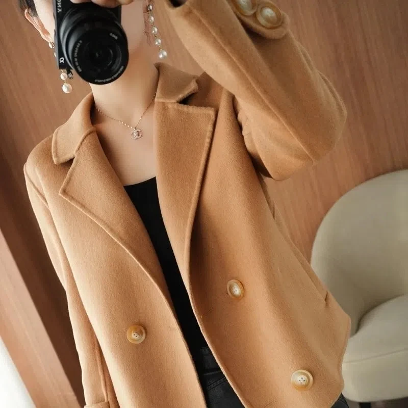 New Double-Sided Wool Coat Women\'s Short High-End Casual Tweed Suit Jacket Blend Wool Coat Black Double Breasted Blazer Female