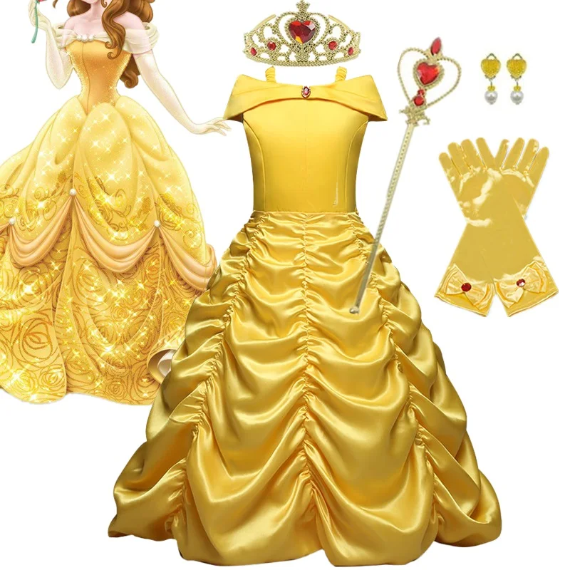 Girls Belle Princess Dress Beauty and The Beast Prom Long Gown Halloween Costume Luxury Birthday Party Clothes Vestidos 4-10T