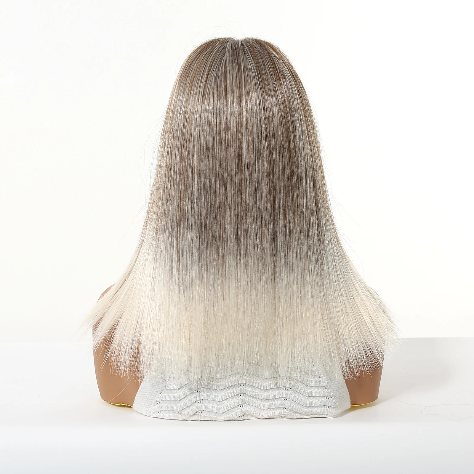 EASIHAIR グレーホワイトオンブル合成かつら前髪付きミディアムレングスストレートヘアウィッグ女性のための日常使用コスプレ耐熱