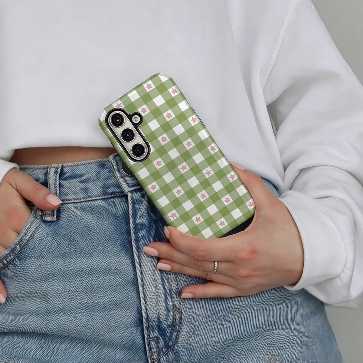 Green Gingham With Stars Phone Case For Samsung Galaxy S26 S25 Ultra S24 S23 Plus Hard Shock‑Absorption 2-in-1Protective Cover