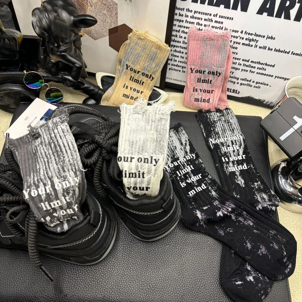 

Fashion Ripped Hollow Socks Womne Letter Personality Mid-Calf Socks Hosiery Streetwear Punk Tube Sock Winter