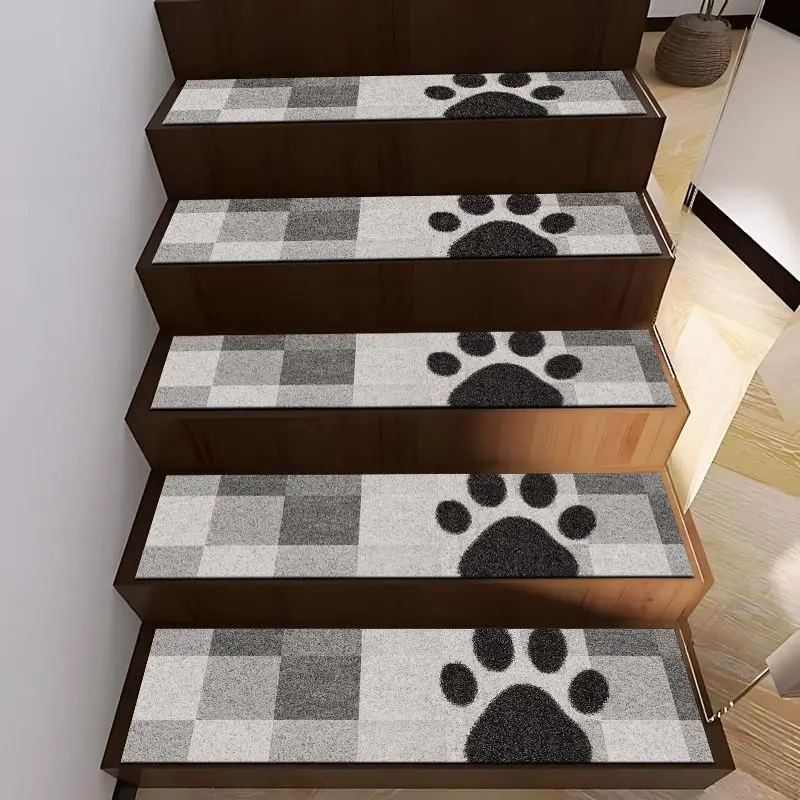 VIKAMA Washable Stair Treads Non Slip Carpet Step Mat Gray Plaid Paw Print Pet Staircase Rug for Indoor Stairs Home Decoration