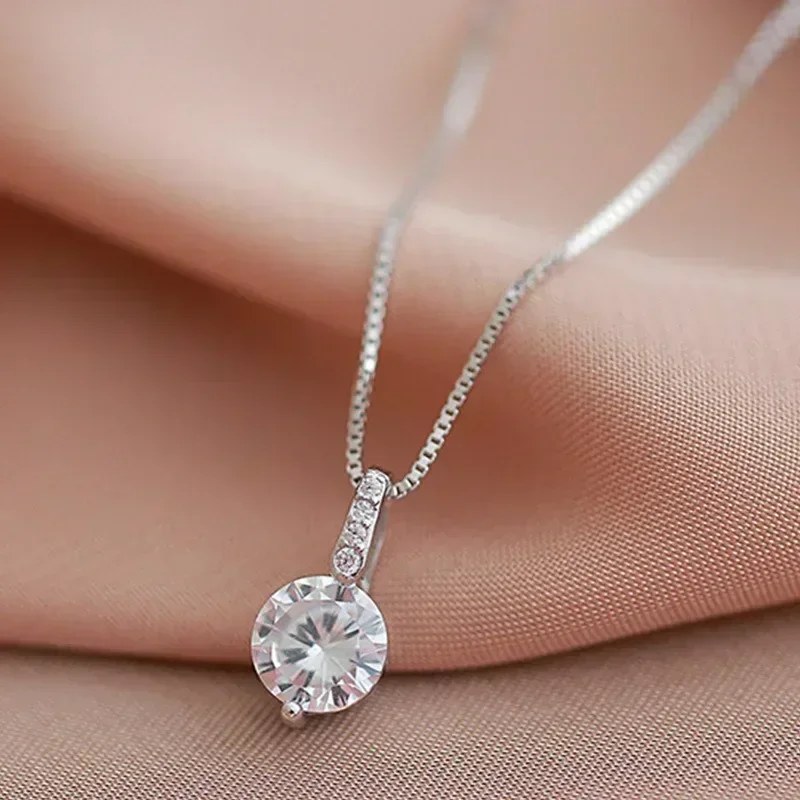 New Women 925 Sterling Silver Jewelry Zircon Fine Round Pendant Necklace Fashion Rhinestone Clavicle Chain Neck Birthday Gift