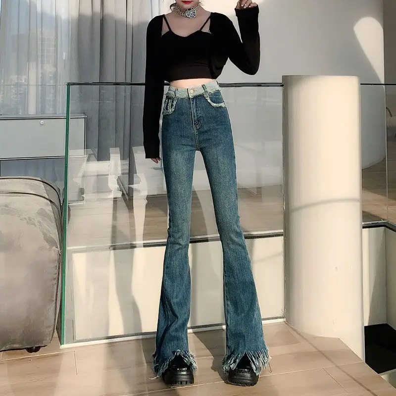 High Waist Vintage Slim Bootcut Jeans Women's Clothing Distressed Fringe Hem Denim Pants Y2K Hotsweet Casual Stylish Trousers