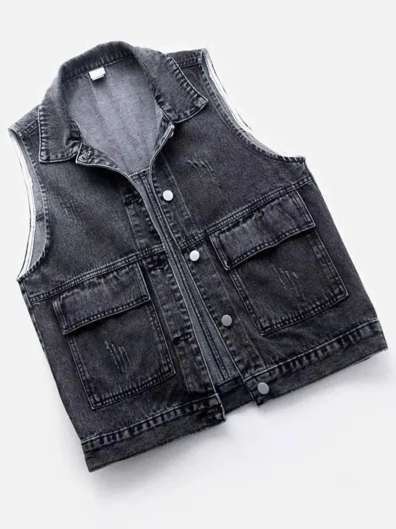 Spring and summer new denim vest women\'s short Korean version loose and versatile large pocket sleeveless vest jacket waistcoat