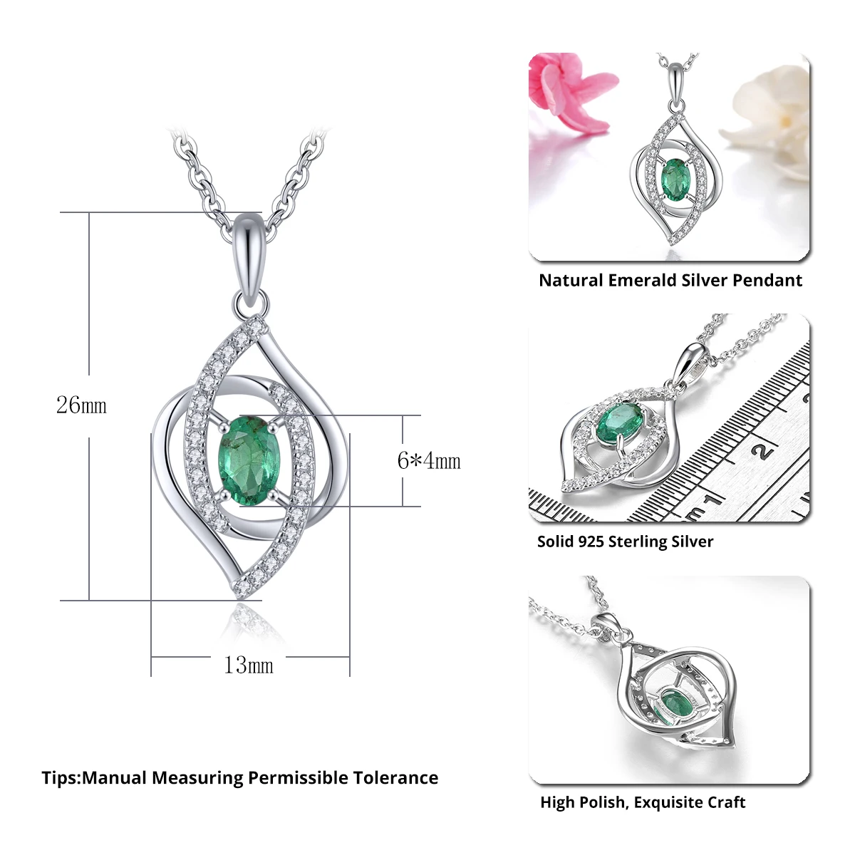 Natural Genuine Precious Emerald Solid Sterling Silver Pendants 0.45 Carats Classic Fine Jewelry Design S925 Rhodium Plated