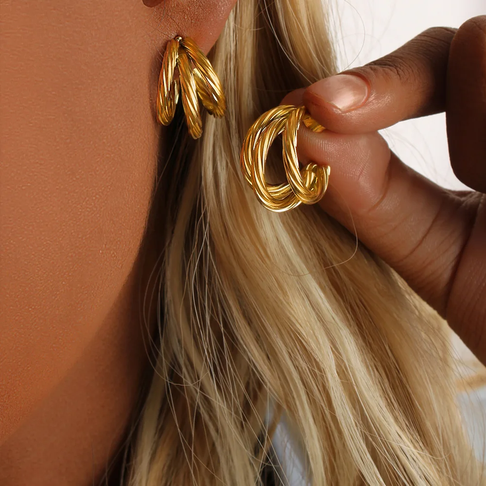 DIY accessories  European and American fashion stainless steel twist triple line earrings plated with 18K geometric C-shaped hig