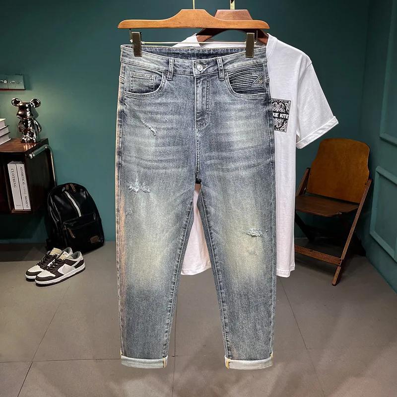 Young Men's Jeans Stretch All-Matching Loose Straight Casual Spring and Summer Street Fashion Pu Shuai Retro Trousers