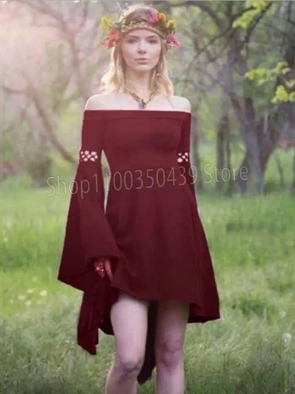 Adult Female Medieval Elf Victorian Costume Princess Robe Dress Sexy One Line Neck Strap Waist Corset Dress